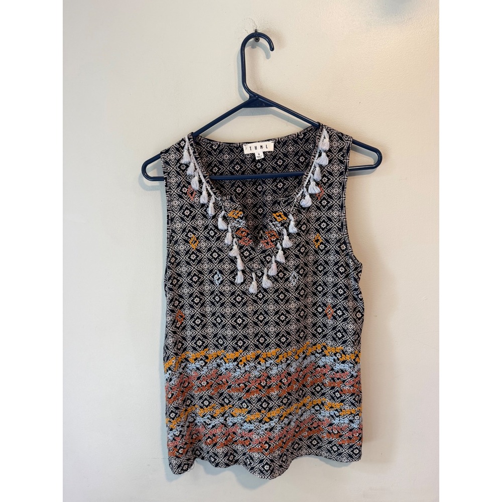 THML Womens Boho Tassel V-Neck Geometric Print Sleeveless Rayon Top FTM1108-BK S